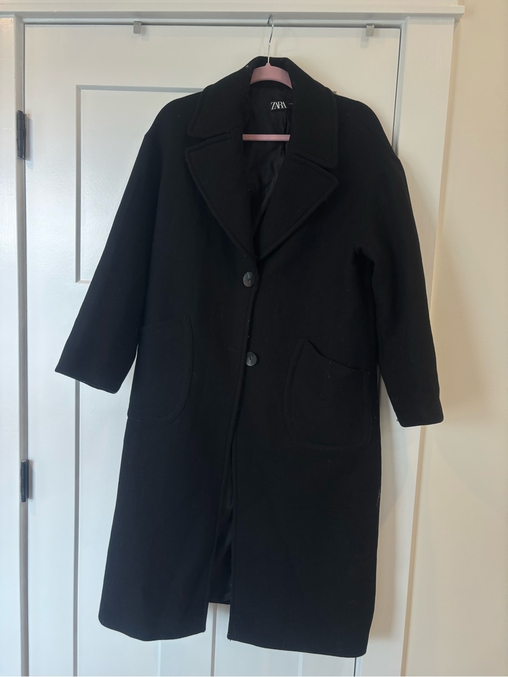 Zara Black Wool-Blend Pea Coat with Patch Pockets
